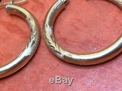 Vintage Estate 14k Gold Hoop Earrings Etched Brushed Flower Designer Signed DM