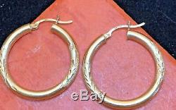 Vintage Estate 14k Gold Hoop Earrings Etched Brushed Flower Designer Signed DM