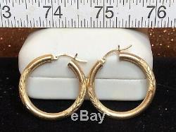 Vintage Estate 14k Gold Hoop Earrings Etched Brushed Flower Designer Signed DM