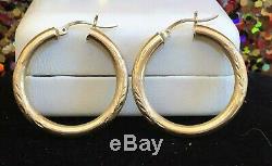 Vintage Estate 14k Gold Hoop Earrings Etched Brushed Flower Designer Signed DM