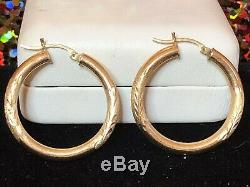 Vintage Estate 14k Gold Hoop Earrings Etched Brushed Flower Designer Signed DM