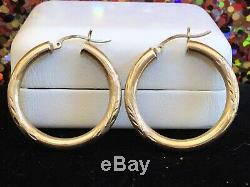 Vintage Estate 14k Gold Hoop Earrings Etched Brushed Flower Designer Signed DM