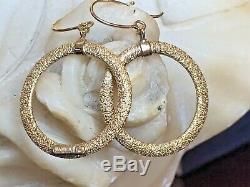 Vintage Estate 14k Gold Hoop Earrings Made In Italy Signed Textured Drop Dangle