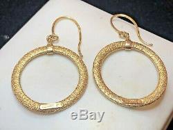 Vintage Estate 14k Gold Hoop Earrings Made In Italy Signed Textured Drop Dangle