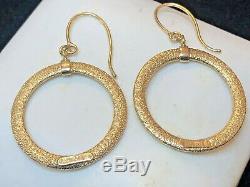 Vintage Estate 14k Gold Hoop Earrings Made In Italy Signed Textured Drop Dangle