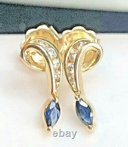 Vintage Estate 14k Gold Natural Blue Sapphire & Diamond Earrings Signed Doss