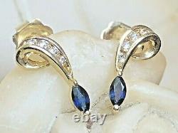 Vintage Estate 14k Gold Natural Blue Sapphire & Diamond Earrings Signed Doss