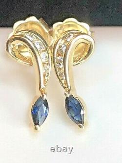 Vintage Estate 14k Gold Natural Blue Sapphire & Diamond Earrings Signed Doss