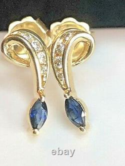 Vintage Estate 14k Gold Natural Blue Sapphire & Diamond Earrings Signed Doss