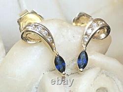 Vintage Estate 14k Gold Natural Blue Sapphire & Diamond Earrings Signed Doss