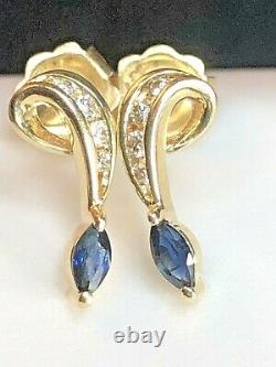 Vintage Estate 14k Gold Natural Blue Sapphire & Diamond Earrings Signed Doss