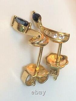 Vintage Estate 14k Gold Natural Blue Sapphire & Diamond Earrings Signed Doss