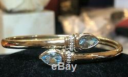 Vintage Estate 14k Gold Natural Blue Topaz Diamond Bracelet Bypass Signed Aj