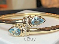 Vintage Estate 14k Gold Natural Blue Topaz Diamond Bracelet Bypass Signed Aj