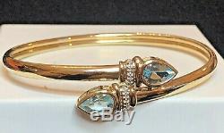 Vintage Estate 14k Gold Natural Blue Topaz Diamond Bracelet Bypass Signed Aj