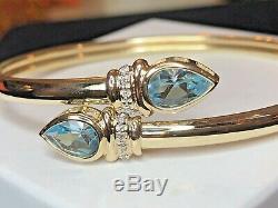 Vintage Estate 14k Gold Natural Blue Topaz Diamond Bracelet Bypass Signed Aj