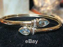 Vintage Estate 14k Gold Natural Blue Topaz Diamond Bracelet Bypass Signed Aj