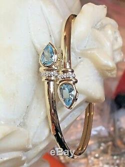 Vintage Estate 14k Gold Natural Blue Topaz Diamond Bracelet Bypass Signed Aj