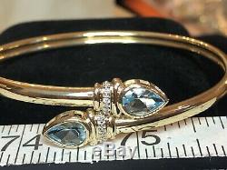 Vintage Estate 14k Gold Natural Blue Topaz Diamond Bracelet Bypass Signed Aj