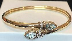 Vintage Estate 14k Gold Natural Blue Topaz Diamond Bracelet Bypass Signed Aj