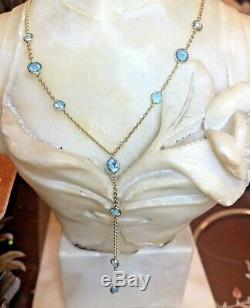 Vintage Estate 14k Gold Natural Blue Topaz Necklace Signed Sj Station Gemstone