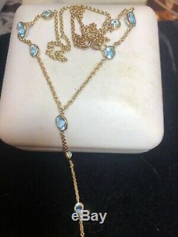 Vintage Estate 14k Gold Natural Blue Topaz Necklace Signed Sj Station Gemstone