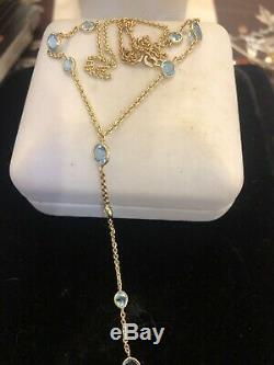 Vintage Estate 14k Gold Natural Blue Topaz Necklace Signed Sj Station Gemstone