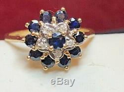 Vintage Estate 14k Gold Natural Blue & White Sapphire Ring Signed T & C Flower