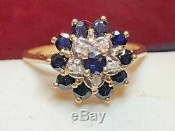 Vintage Estate 14k Gold Natural Blue & White Sapphire Ring Signed T & C Flower