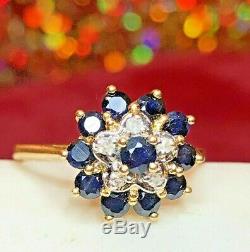 Vintage Estate 14k Gold Natural Blue & White Sapphire Ring Signed T & C Flower