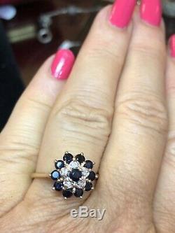 Vintage Estate 14k Gold Natural Blue & White Sapphire Ring Signed T & C Flower