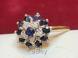 Vintage Estate 14k Gold Natural Blue & White Sapphire Ring Signed T & C Flower