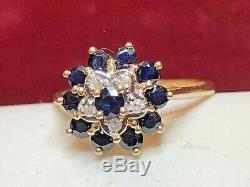 Vintage Estate 14k Gold Natural Blue & White Sapphire Ring Signed T & C Flower