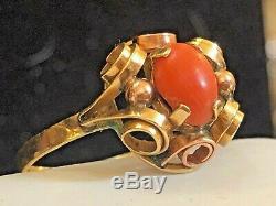 Vintage Estate 14k Gold Natural Coral Ring Signed Fs 585 Art Deco Etruscan