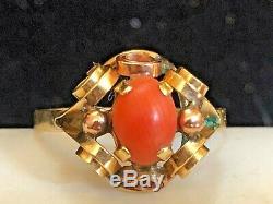 Vintage Estate 14k Gold Natural Coral Ring Signed Fs 585 Art Deco Etruscan