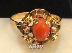 Vintage Estate 14k Gold Natural Coral Ring Signed Fs 585 Art Deco Etruscan