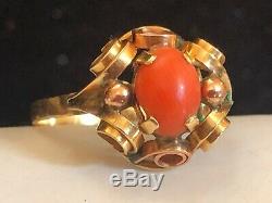 Vintage Estate 14k Gold Natural Coral Ring Signed Fs 585 Art Deco Etruscan