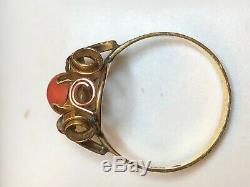 Vintage Estate 14k Gold Natural Coral Ring Signed Fs 585 Art Deco Etruscan