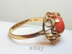 Vintage Estate 14k Gold Natural Coral Ring Signed Fs 585 Art Deco Etruscan