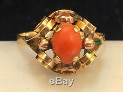 Vintage Estate 14k Gold Natural Coral Ring Signed Fs 585 Art Deco Etruscan