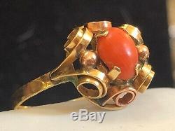 Vintage Estate 14k Gold Natural Coral Ring Signed Fs 585 Art Deco Etruscan