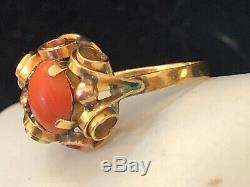 Vintage Estate 14k Gold Natural Coral Ring Signed Fs 585 Art Deco Etruscan