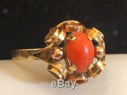 Vintage Estate 14k Gold Natural Coral Ring Signed Fs 585 Art Deco Etruscan