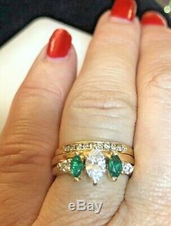 Vintage Estate 14k Gold Natural Diamond Color E Ring Emerald 3 Ring Set Signed