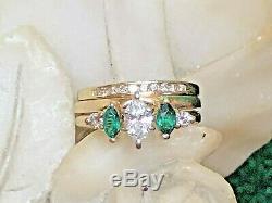 Vintage Estate 14k Gold Natural Diamond Color E Ring Emerald 3 Ring Set Signed