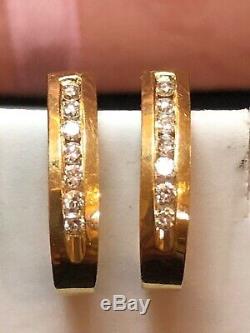 Vintage Estate 14k Gold Natural Diamond Earrings J-hook Signed Channel Set