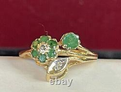 Vintage Estate 14k Gold Natural Greem Emerald & Diamond Ring Flowers Signed