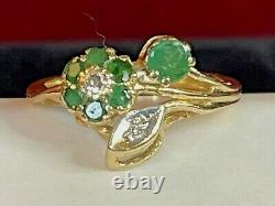 Vintage Estate 14k Gold Natural Greem Emerald & Diamond Ring Flowers Signed