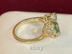 Vintage Estate 14k Gold Natural Greem Emerald & Diamond Ring Flowers Signed