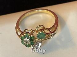 Vintage Estate 14k Gold Natural Greem Emerald & Diamond Ring Flowers Signed
